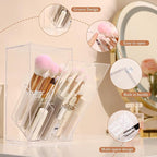 Acrylic Makeup Brush Holder with Slanted Flip-Top Lid - Clear Dustproof Cosmetic Make up Brush Organizer and Storage Box - La