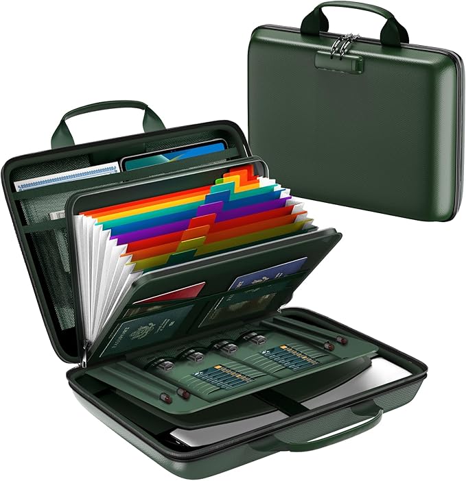 Fireproof Document Box, Hard Case Fireproof File Organizer Box with Lock and 13 Pocket Accordion File Folder, Portable Safe B
