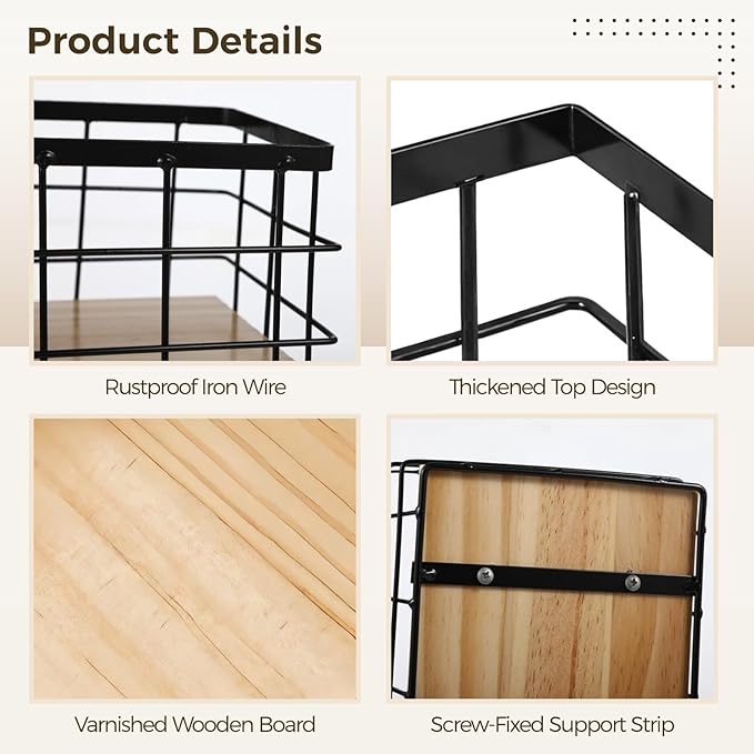 Small Metal Wire Basket for Wall Mount 2 PCS - Metal Wire Storage Basket Wood Base, Toilet Paper Basket, Wall Hanging Wire St