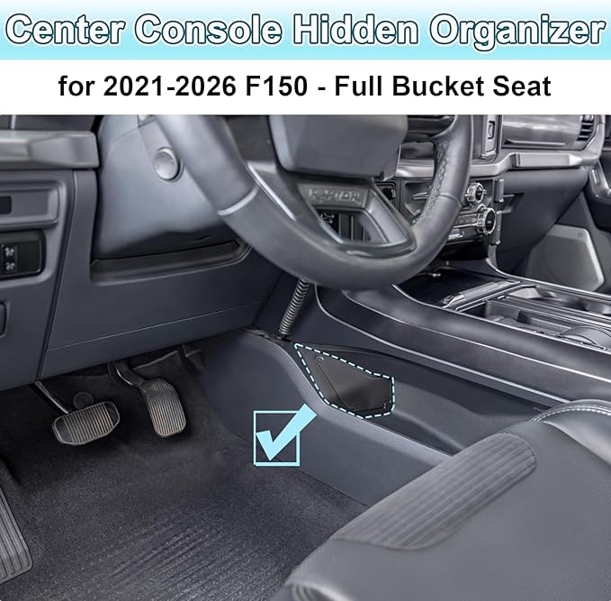 PIMCAR Center Console Hidden Organizer Compatible with 2021-2025 2026 Ford F150 Secret Compartment with Push-Button Lid Premium ABS Plastic Storage Box Insert Accessories
