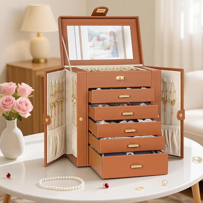 AKOZLIN 6-Tier Jewelry Box Organizer Functional 5 Drawers Leather Jewelry Storage Case for Women Girls Ring Necklace Earring 
