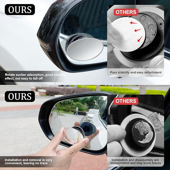 LivTee Blind Spot Car Mirror, Oval HD Glass Frameless Convex Side Mirror Blindspot, Reusable 360° Wide Angle Rear View Car Mirrors with Powerful Adjustable Suction Cup - Exterior Mirrors
