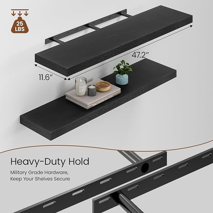 Heimlove 48W x 12D Long Floating Shelf, 12 Inch Deep Black Floating Shelves for Wall Set of 2, Wood Shelves for Bedroom Livin