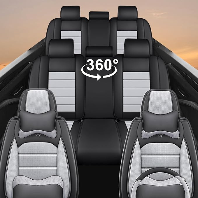 Seat Covers for Ford Expedition Max 2018-2026 8 Seaters, Compatible Airbag Non-Slip Waterproof Leather Seat Protector, Luxury Car Seat Cover Full Set with Pillow Steering Wheel Covers, Black Gray