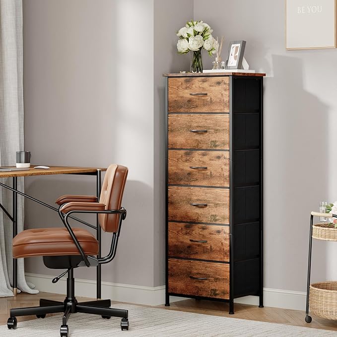 Somdot Tall Dresser for Bedroom with 6 Drawers, Storage Organizer Chest of Drawers with Removable Fabric Bins for Closet Beds