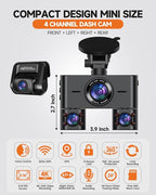 Dash Cam 360°, 4 Channel Camera for Cars Front and Rear Inside, 2K FHD Mini Dashcam, 5G WiFi, GPS, Free 64G Card, Voice Contr