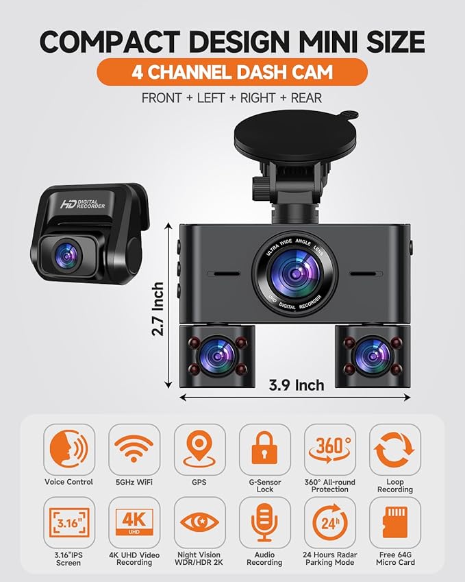 Dash Cam 360°, 4 Channel Camera for Cars Front and Rear Inside, 2K FHD Mini Dashcam, 5G WiFi, GPS, Free 64G Card, Voice Contr