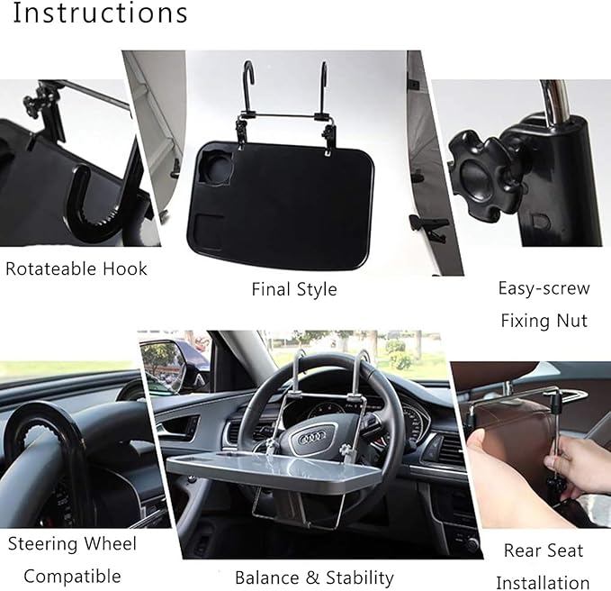 2-in-1 Car Steering Wheel Desk & Back Seat Tray - Adjustable Laptop Stand for Car Office, Eating, Writing - Universal Mobile Workstation for Truck, Van, SUV