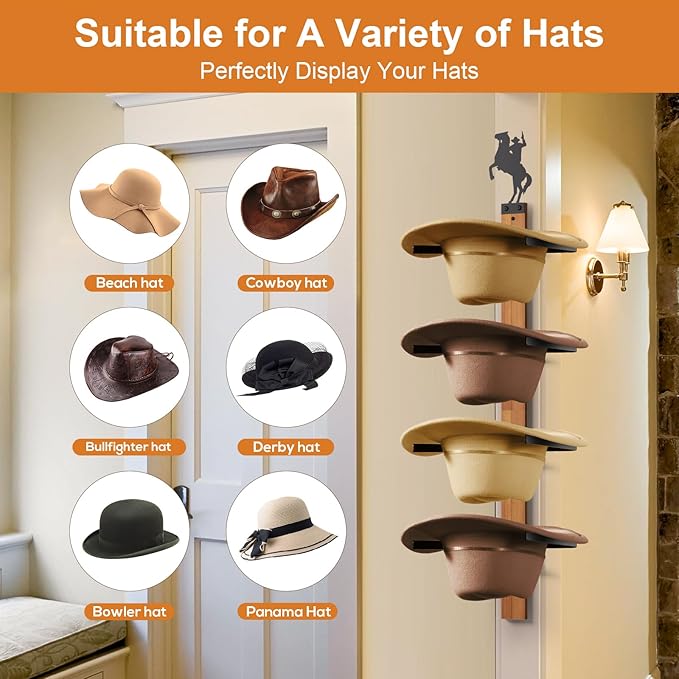 Cowboy Hat Rack, 4 Pieces Hat Rack for Cowboy with Wooden Board, Gift Cowboy Hat Holder Wall Storage-Organizer Western Hats w