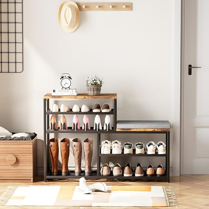 Shoe Rack,Freestanding Hidden Shoe Storage Organizer for Entryway, Shoe Bench Shelves for High Boot with Seat Cushion,Wood Sh