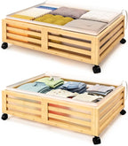 Under Bed Storage Containers With Wheels - 2 Pcs Bamboo Wood Rolling Underbed Shoe Storage Bins With Dust Bags for Clothes Bl