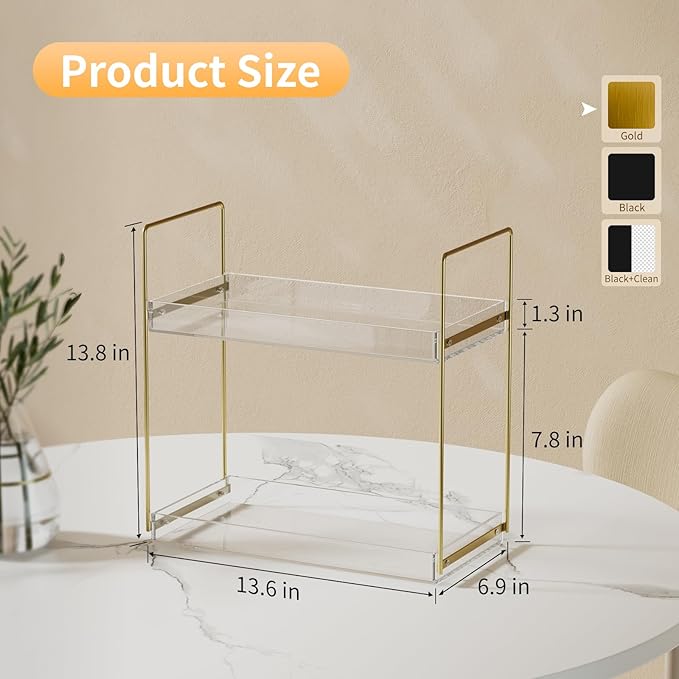 Bathroom Countertop Organizer, 2 Tier Acrylic Tray Vanity Counter Skincare Organizer Shelf, Kitchen Under Sink Standing Rack,