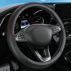 Leather Patchwork Black Steering Wheel Cover, 14.5-15 Inch Non-Slip Breathable Microfiber Car Steering Wheel Protector