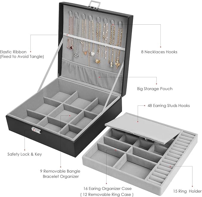 Jewelry Box, Jewelry Boxes for Women & Men with PU Leather, 2 Layer Large Jewelry Organizer Storage Case with Lock, for Neckl
