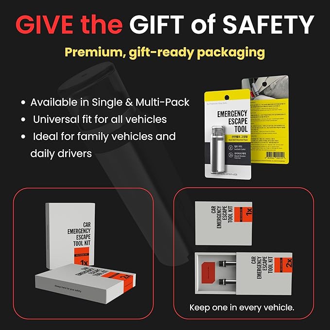Car Emergency Escape Tool – Seatbelt-Mounted 2-in-1 Window Breaker & Seat Belt Cutter – Tungsten Safety Hammer – Universal Fi