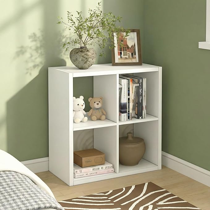 CTESNE【2026 Wooden Thick Frame 4 Cube Storage Organizer Shelf with Anti-Tipping Kits + Reversible Open Back Bookcase, Horizon