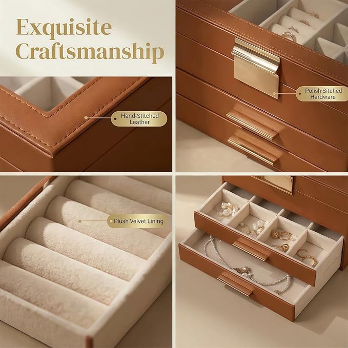 Jewelry Box Organizer with Glass Lid, 3-Layer with Double Drawers, Luxury Velvet Lined Desktop Display Case for Earrings Ring