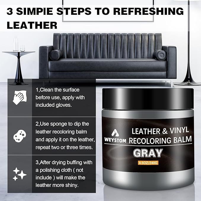 Leather Recoloring Balm - Gray Leather Repair Kit for Furniture, Leather Dye & Paint to Recolor, Restore & Repair Faded, Crac