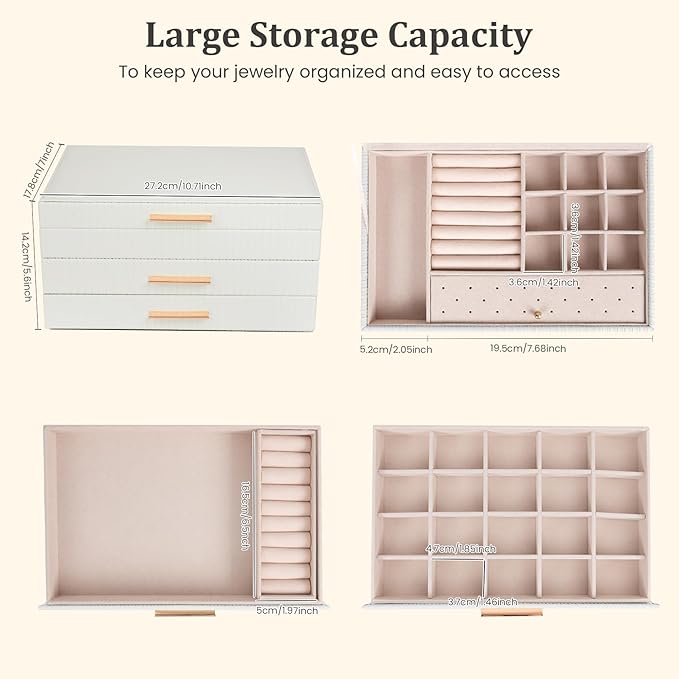 Dajasan Jewelry Box Organizer, 3-Tier Large Jewelry Storage Organizer with 2 Drawers, Space-Saving Jewelry Boxes for Women, P