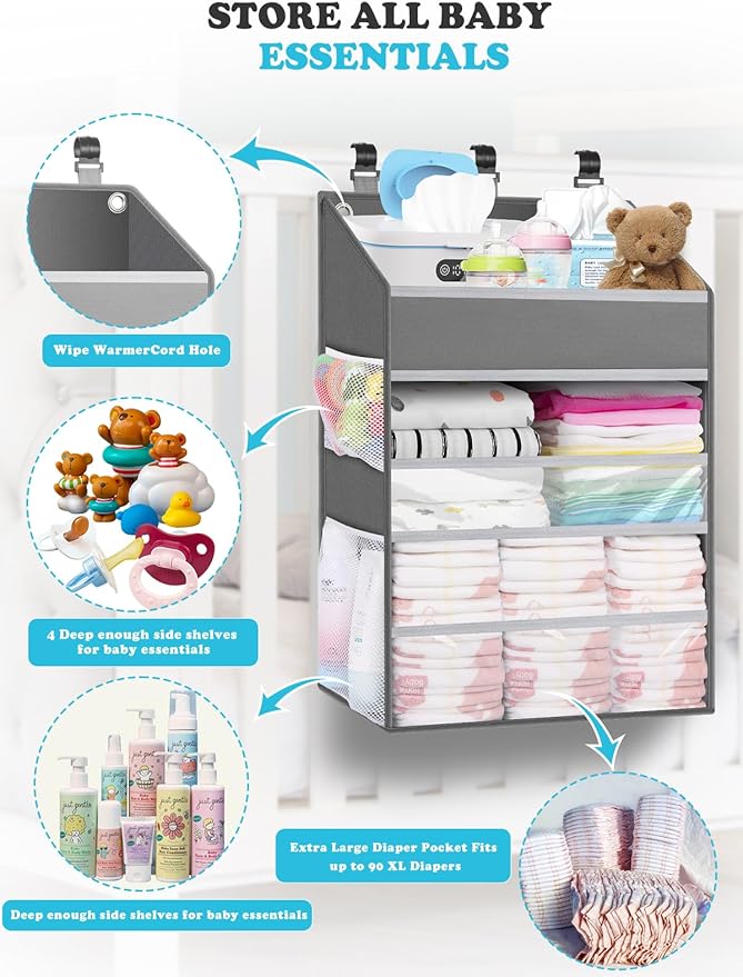 Hanging Diaper Caddy Organizer Crib Organizer–Spacious Baby Girl/Boy Nursery Storage Organizer for Changing Table, Playpen/Wa