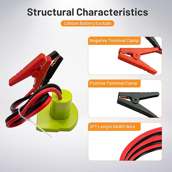 Jumper Cables Adapter for Ryobi 18V Battery - 2FT 8AWG Portable Car Jump Starter Booster Cables, Automotive Emergency Power Tool for Car Truck SUV Jump Starting Using Tool (8AWG 2FT)