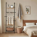Wooden Ladder with Shelf for Decor, 6-Tier Decor Ladder with Non-Slip Mat & Hooks, Farmhouse Style Leaning Wall Display Holde