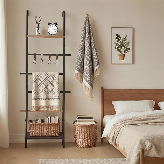 Wooden Ladder with Shelf for Decor, 6-Tier Decor Ladder with Non-Slip Mat & Hooks, Farmhouse Style Leaning Wall Display Holde