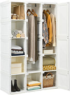 Tangkula Portable Closet Wardrobe, Foldable Clothes Organizer with Cubby Storage, Hanging Rods, Easy Assemble Clothing Storag