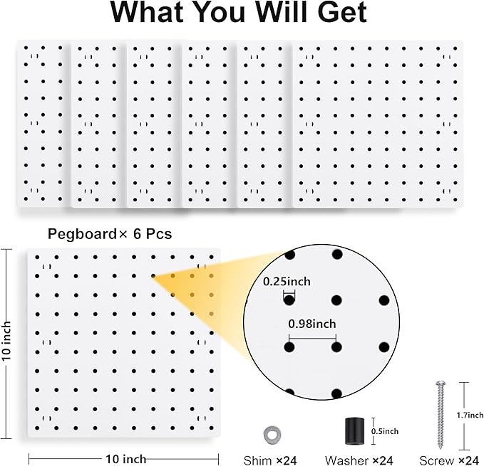6Pcs Peg Board, Peg Board Wall Organizer Panels, White Pegboard Wall Mount, ABS Pegboard for Craft Room Garage Kitchen Worksh