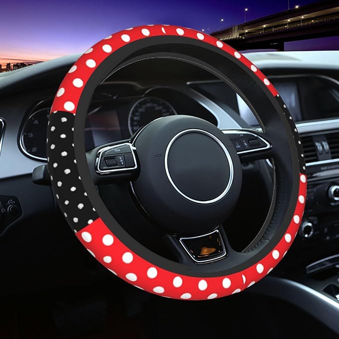 Cute Red Polka Dots Steering Wheel Cover for Women,Universal Fit 14-15 inch, Fashion Automotive Interior Decorative,with 2 Pa