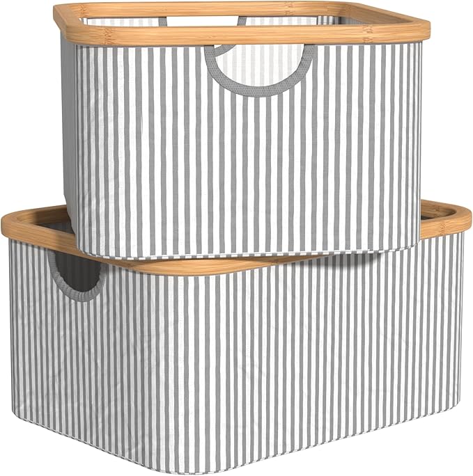 ClosetMaid Laundry Hamper Storage Baskets, Bamboo Frame, Portable, Collapsible Design, Freestanding, Stripe (2-Pack)