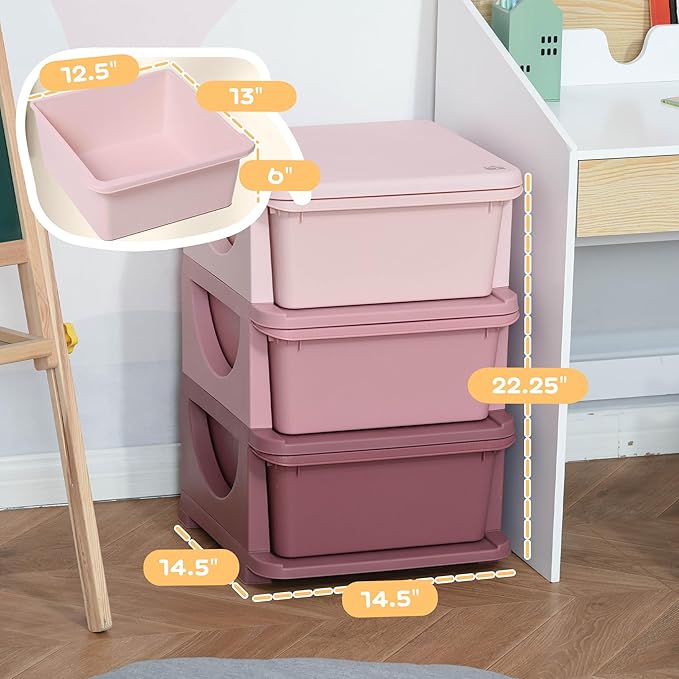 Qaba 3 Tier Kids Storage Unit, 3 Drawer Chest Toy Organizer Plastic Bins for Kids Bedroom Nursery Kindergarten Living Room fo