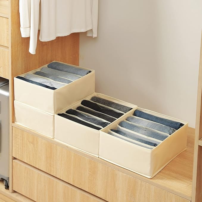 Qozary Jeans Pants Organizer for Closet, 4 Pack Drawer Organizers for Clothing, 5 Grids Wardrobe Clothes Organizer, Jean Orga
