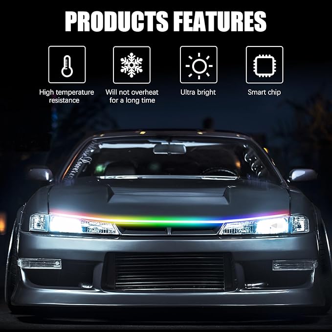 DREAMIZER 94" RGB Car Led Hood Light Strip Multicolor Exterior Dynamic Car Led Strip Lights Waterproof Flexible Light Strip with Fuse Protection Daytime Running Hood Lights for Truck,Cars,SUV,Pickups