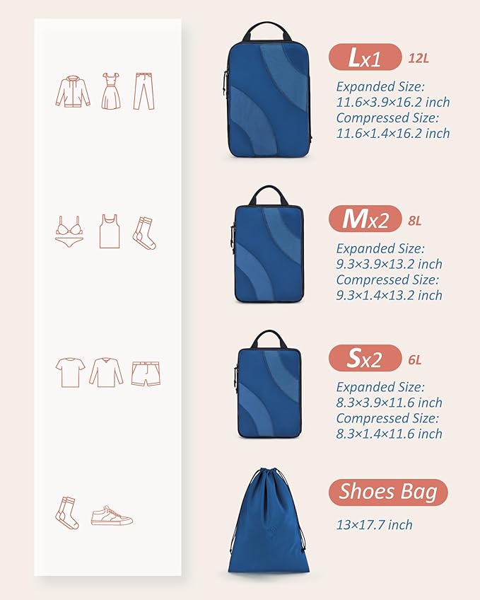 BAGSMART Compression Packing Cubes, 6 Set/4 Set/2 Set Travel Packing Cubes for Carry on Suitcases, Compression Suitcase Organ