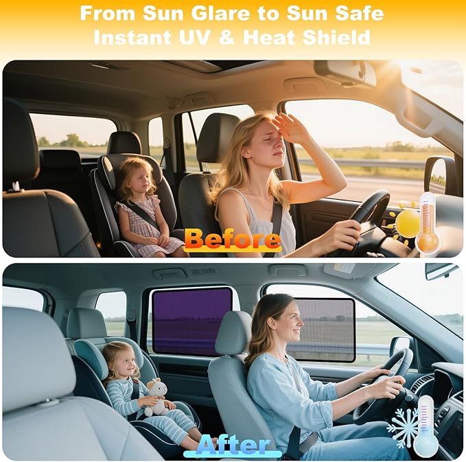 XCBYT 4-Pack Car Window Shades for Baby & Driver- Static Cling Side Window Sun Shade Combo with Transparent & Semi-Transparent - Car Window Covers with Glare & UV Blocker, Privacy Protection