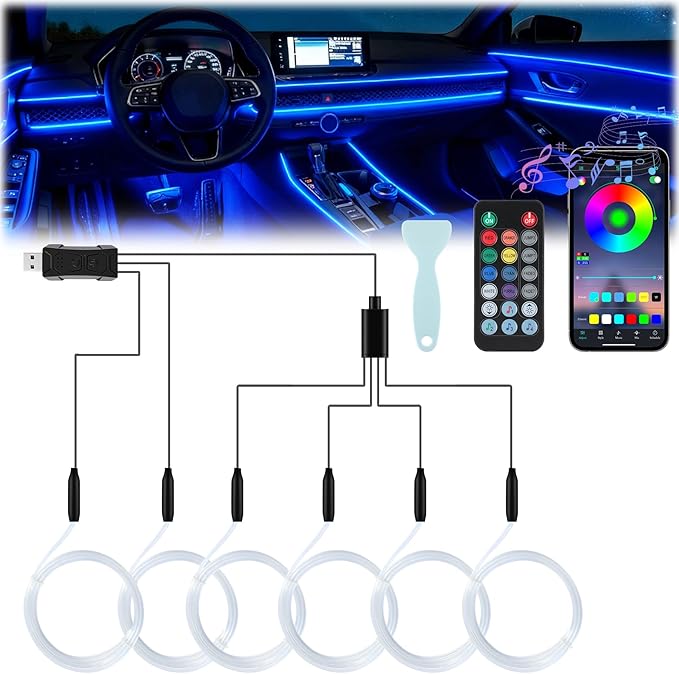 LivTee Smart Car LED Interior Lights with USB Port, LED Strip Fiber Optic Lights, Wireless App and Remote Control, Sync to Music, Car Accessories Gifts for Women and Men, 6 in 1
