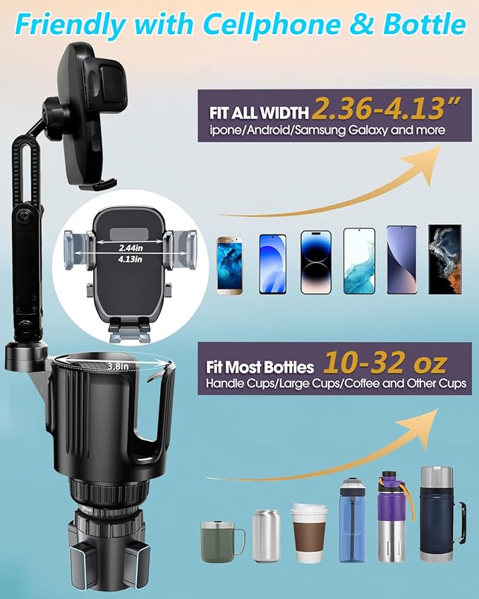 Cup Phone Holder for Car with Expandable Base, Upgraded 2 in 1 Hands Free Cellphone Holder Cupholder Car Mount, Stable Retrac