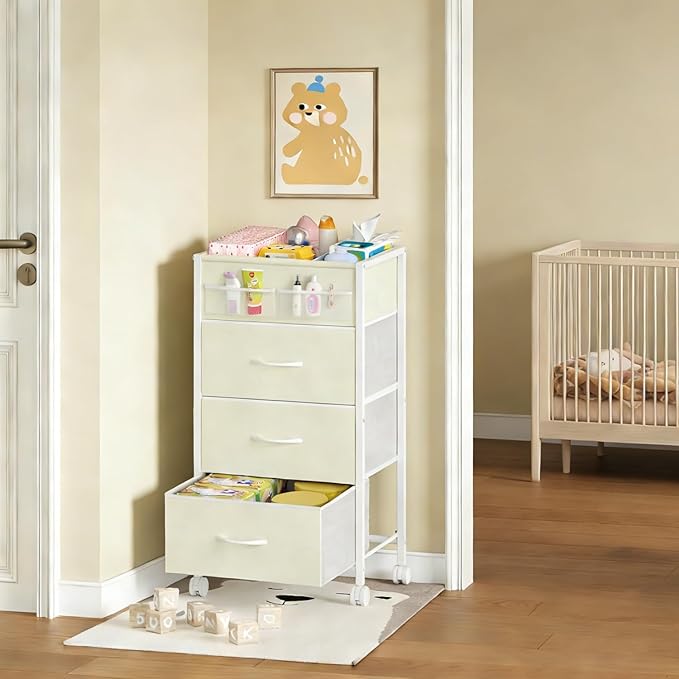 4-Tier Baby Diaper Caddy Organizer Cart with 3 Storage Drawers, Rolling Cart with Dividers & Side Pockets for Nursery, Baby E