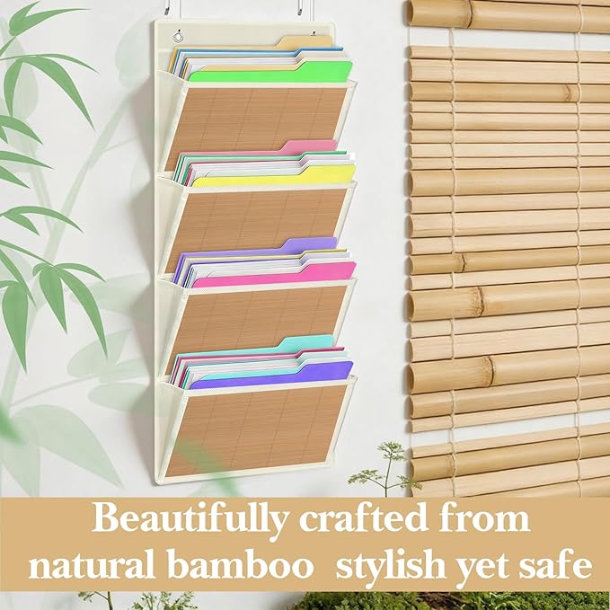 homyfort hanging wall file organizer, Over the door file folder organizer with 4 Large Bamboo Pockets, Suitable for Home, Off