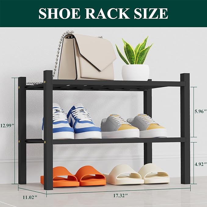 Smiry Shoe Rack, 2 Tier Thick Small Bamboo Shoe Organizer, Stackable Free Standing Wooden Shoe Storage Shelf for Closet, Entr