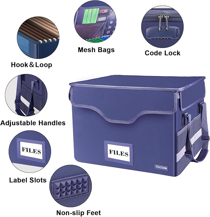 DocSafe Fireproof Document Box with Lock, File Storage Organizer with Mesh Pockets, Collapsible Portable File Box Home Office