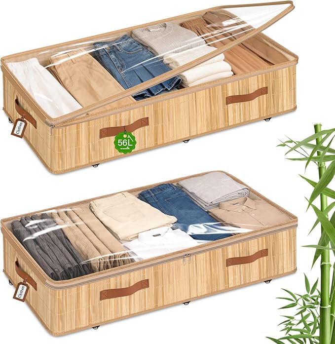 Livole Bamboo Under Bed Storage with Wheels, 6 inches Underbed Storage Containers, 56L XXL Rolling Under Bed Storage Bins wit