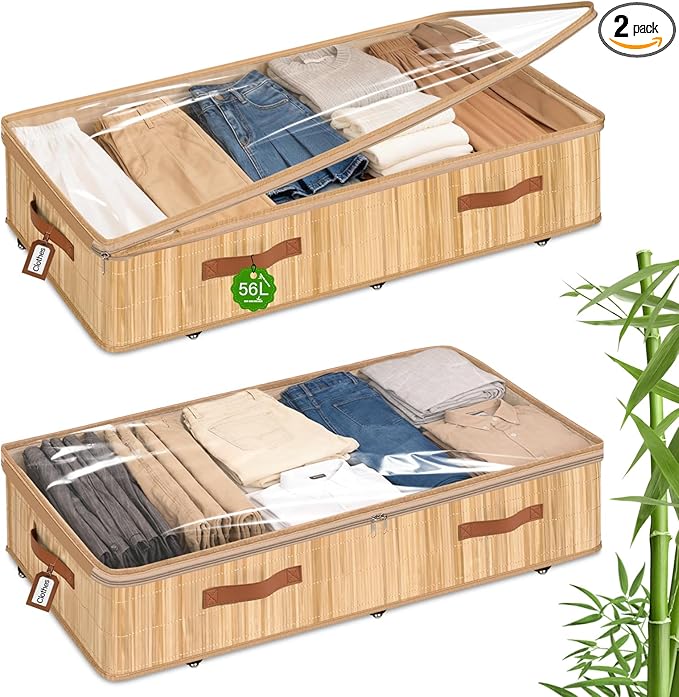 Livole 2 Pack Bamboo Under Bed Storage with Wheels, 6 inches Underbed Storage Containers, 56L XXL Rolling Under Bed Storage B