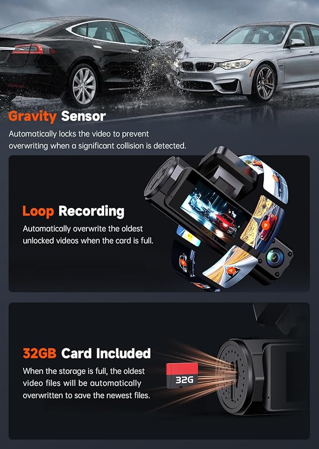 4K 3 Channel Dash Cam Front and Rear Inside, Dash Camera for Cars WDR Night Vision, 2 Inch IPS Screen WiFi App Control, 24H P