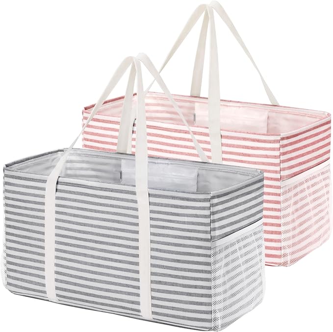 Lifewit Extra Large Tote Bag, Reusable Grocery Bags with Metal Wire Frame and Handles, Standing Utility Foldable Shopping Bags for Storage, Picnics, Beach, Laundry, Car, 46L, 2 Pack, Gray and Pink