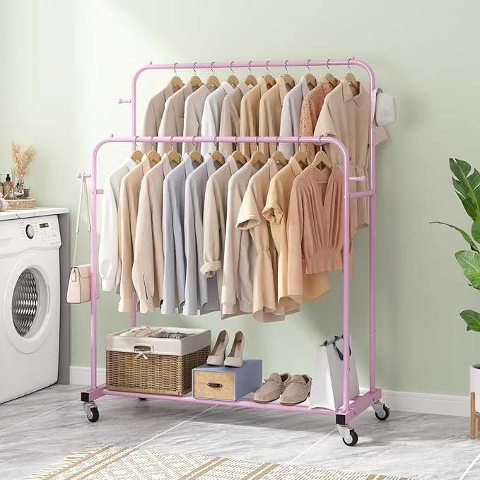 Laiensia Double Rods Garment Rack with Wheels, Clothing Rack for Hanging Clothes,4 Hooks, Multi-Functional Bedroom Clothes Ra