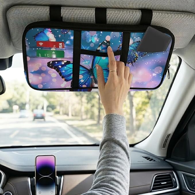 Blue Butterfly Car Sun Visor Organizer, Multi-Pocket Auto Visor Organizers Card Holder Car Storage Bag with Zipper Scratch-Resistant Auto Sunshade Organizer Bag - Organizes Essentials