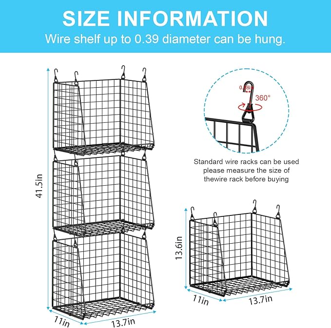 3-Pack Extra-Tall 13.6'' Hanging Laundry Basket Organizer, Foldable Wire Shelf with 360° Rotating Hooks & Reinforced Height -