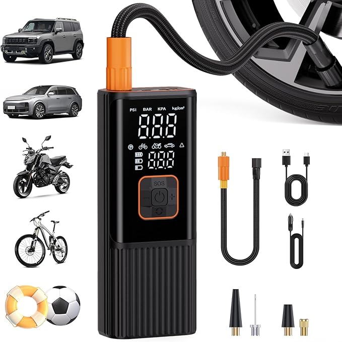 Tire Inflator Portable Air Compressor, 6X Faster 180 PSI Portable Air Compressor, Electric Air Pump for Car Tires with Pressure Gauge-Portable Tire Inflator for Car, Moto, Bicycle, Balls and More